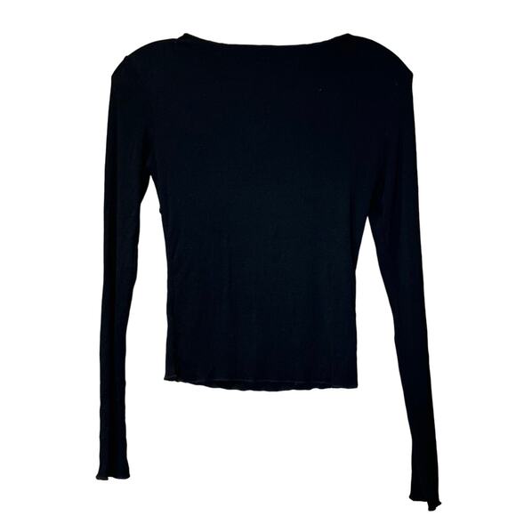 Women's Form Fitting Stretchy Wide Neck LS Black Top W/Seam Designs, Small, EUC - Picture 3 of 3